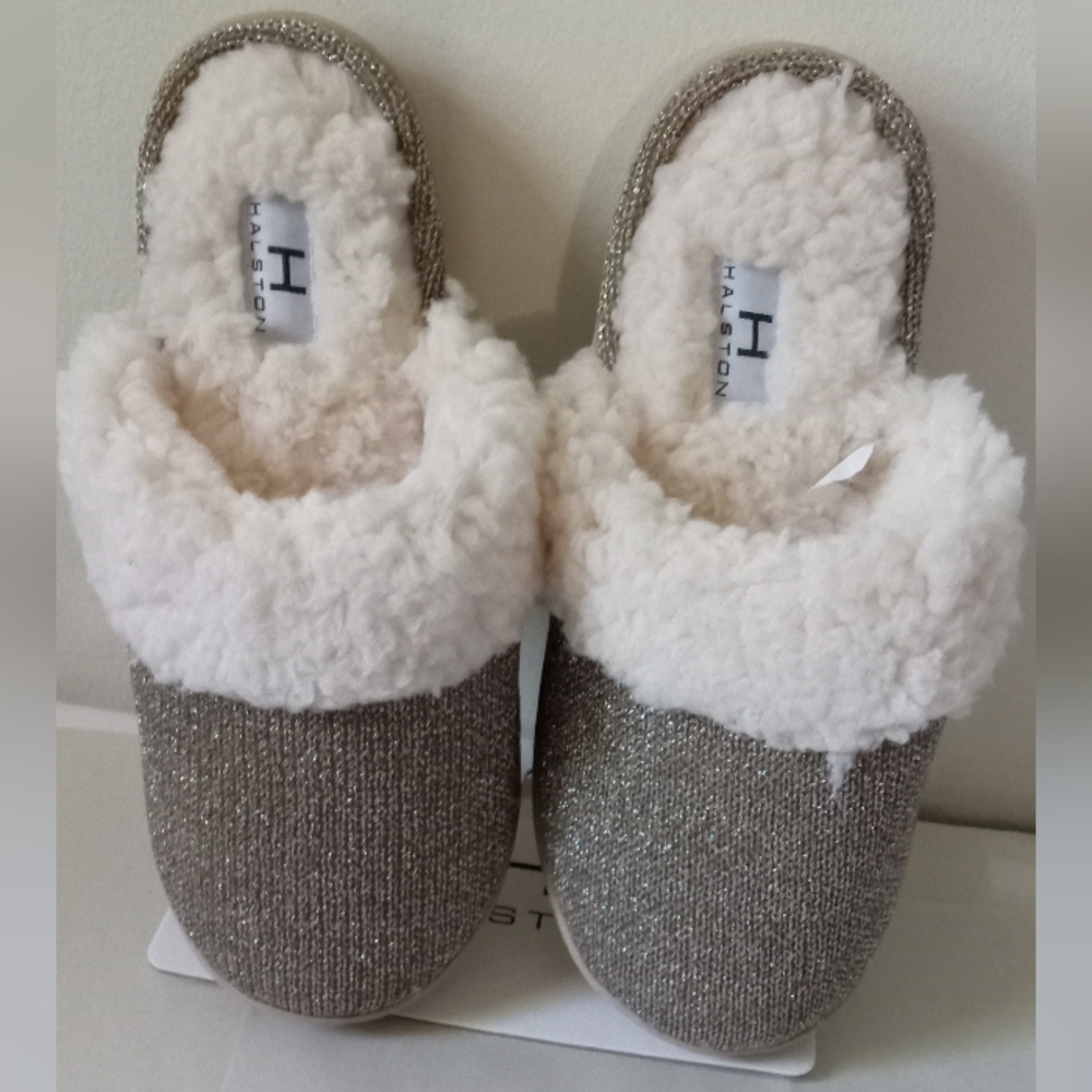 H Halston Gold Metallic Sherpa Mule/ Slippers- Size: 6.5-7.5